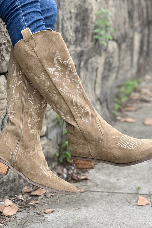 Retro Embroidered Block Heel Mid-calf Western Cowboy Martin Boots