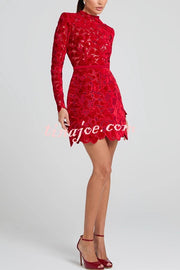 Lydia Embroidered Floral Lace Long Sleeve Belt Tulip Shaped Mini Dress