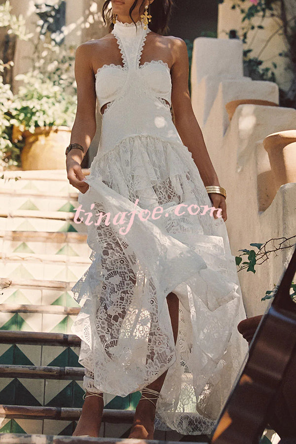 A Girls' Trip Lace High Neck Cutout Drop Waist Ruffles Maxi Dress