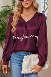 Satin Pleated V-neck Long-sleeved Loose Shirt