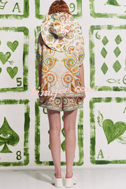 Antibes Unique Printed Loose Button-down Shirt and Pocket Elastic Waist Shorts Set