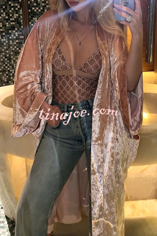 Gorgeous Glossy Velvet Long Bell Sleeve Tie-up Pocket Midi Kimono Coat