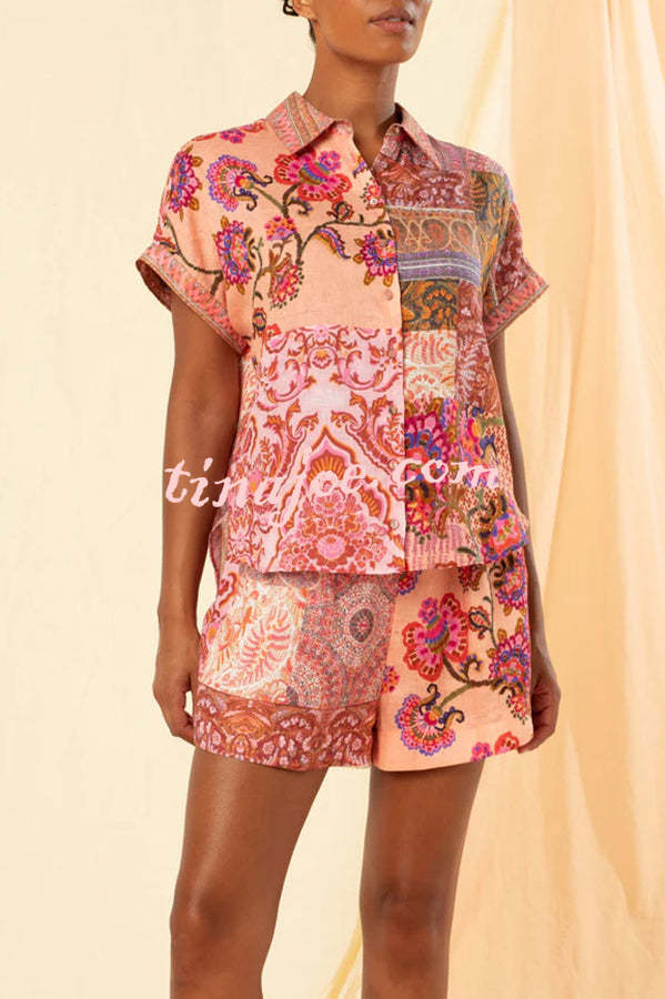 Meina Linen Blend Muti Floral Print Shirt and Elastic Waist Pocketed Shorts Set