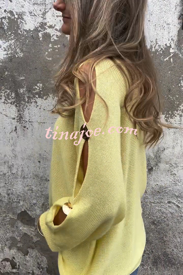 Solid Color Round Neck Hollow Long Sleeve Loose Knitted Sweater