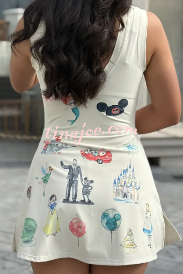 Childish Cartoon Print Sleeveless Fitted Lace-Up Mini Dress
