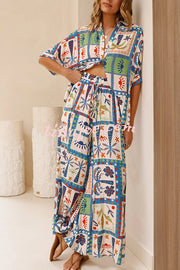 Unique Print Lapel Short Sleeve Loose Shirt and Elastic Waist Casual Pocket Wide Leg Pants Set
