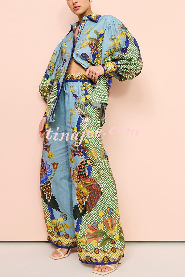 Sun Seeking Unique Heaven Bird Print Balloon Sleeve Button Loose Shirt