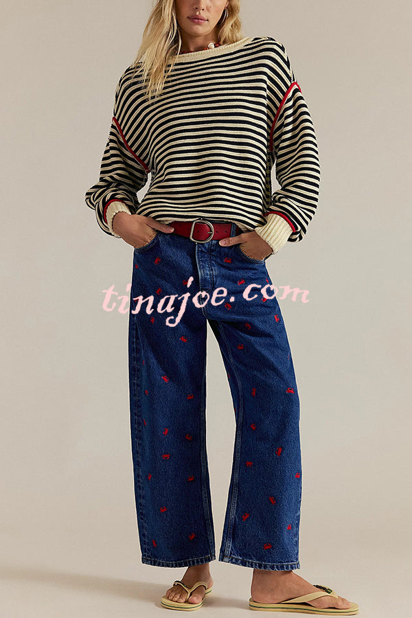 Fashion Striped Colorblock Loose Round Neck Long-sleeved Knitted Sweater