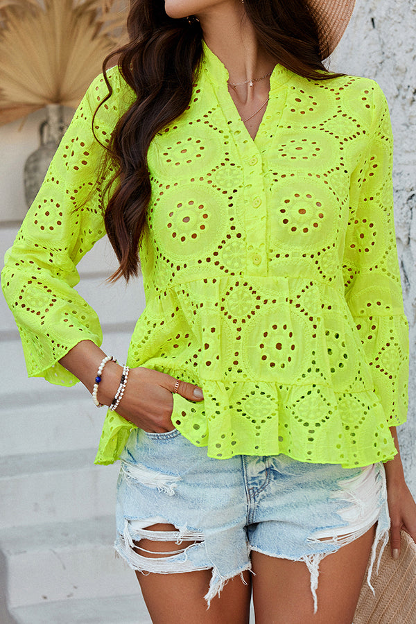 Solid Color Casual Resort Style Hollow V-neck Shirt