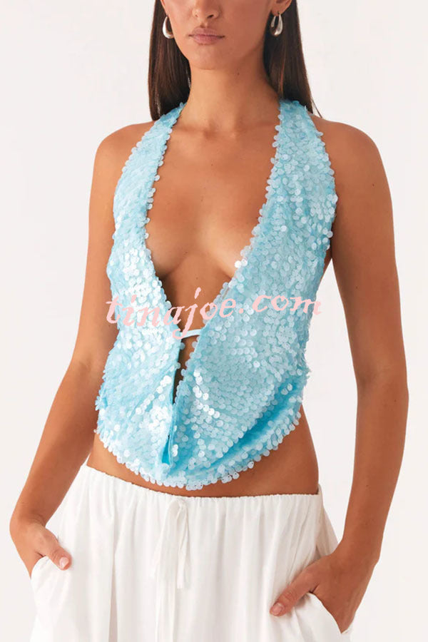 Mermaid Princess Sequins Cowl Neck Halter Backless Top