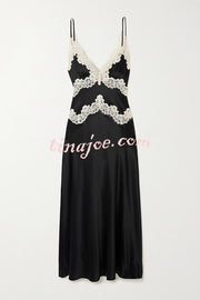 Dreaming of You Contrast Color Satin Lace Trim Back Tie-up Slip Midi Dress