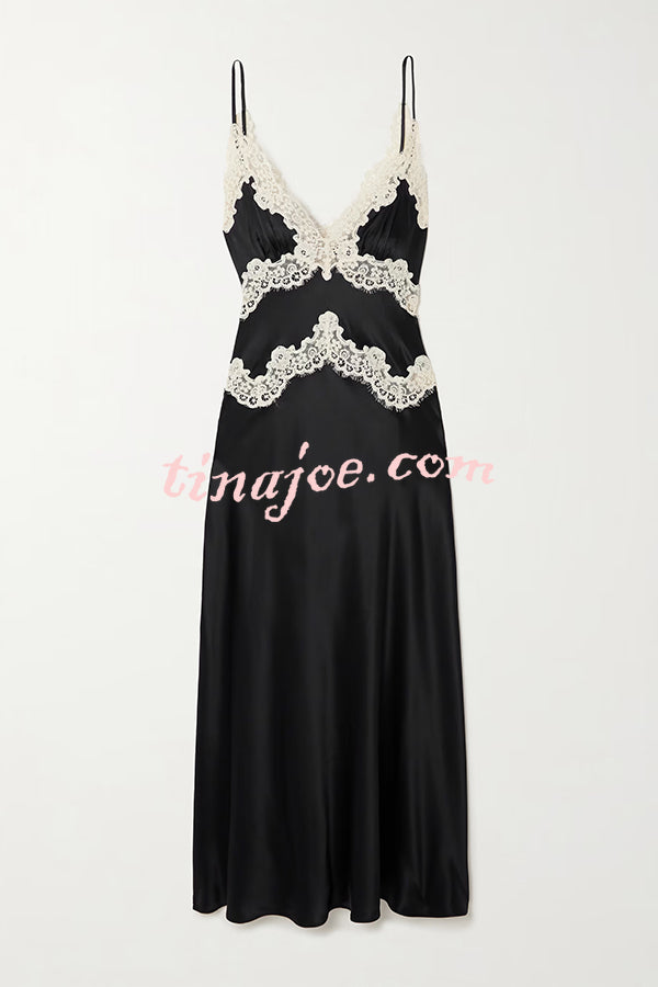 Dreaming of You Contrast Color Satin Lace Trim Back Tie-up Slip Midi Dress