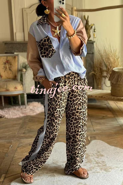 Leopard Print Patchwork Long-sleeved Loose Shirt and Elastic Waist Casual Pocket Wide-leg Pants Set