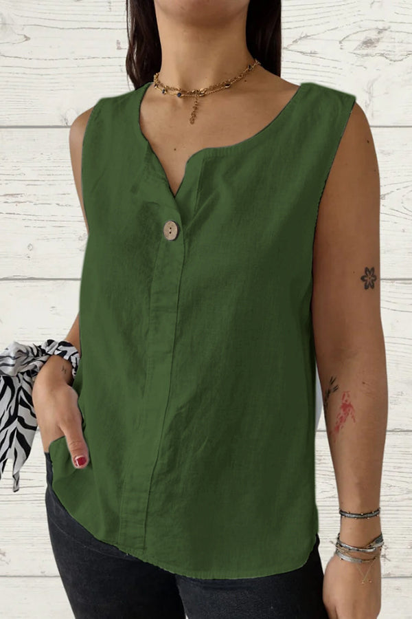 Solid Color V-Neck Button Loose Sleeveless Top