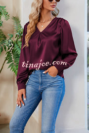 Satin Pleated V-neck Long-sleeved Loose Shirt