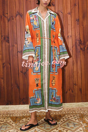 Linen Blend Unique Print Tie-waist Casual Maxi Dress