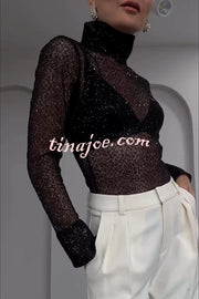 Shimmering Twilight Sequin Turtleneck Long Slit Sleeve H-line Blouse