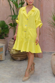 Solid Color Casual Lapel Pocket Ruffle Loose Mini Dress