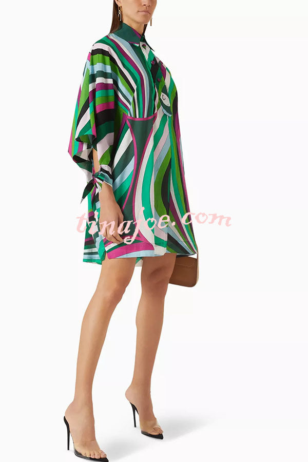 Lorrie Unique Print Button Slit Tie-up Sleeve Oversized Shirt Mini Dress