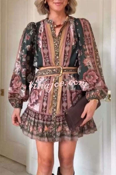 Brazilian Style Unique Floral Print Puff Sleeve Belted Pleated Hem Mini Dress