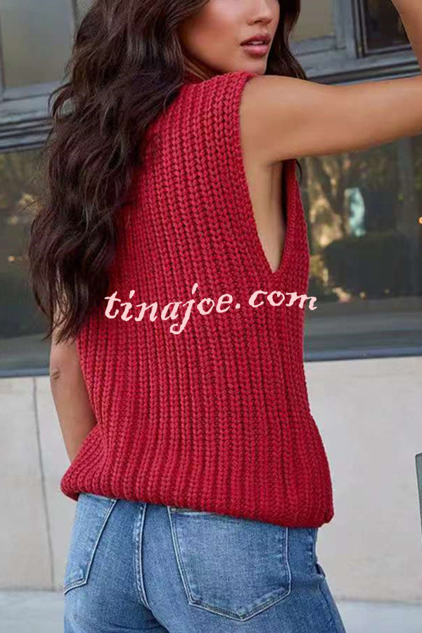 Solid Color Sleeveless Button Pocket Knit Vest