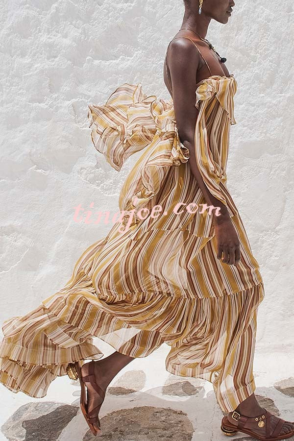 Eternal Joyful Chiffon Striped Print Ruffle Slip A-line Maxi Dress