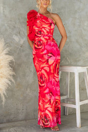 Floral Print Sleeveless 3D Flower One Shoulder Slim Maxi Dress