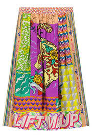 Boho Chic Satin Colorful Unique Print Elastic Waist Pocket Vacation Midi Skirt