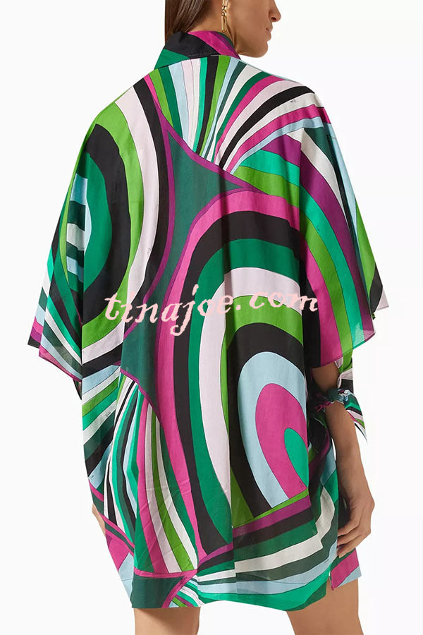 Lorrie Unique Print Button Slit Tie-up Sleeve Oversized Shirt Mini Dress