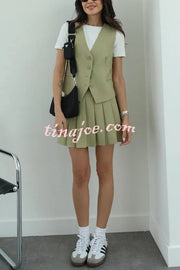 Solid Color Sleeveless Buttoned Vest and High-waisted Pleated Mini Skirt Set