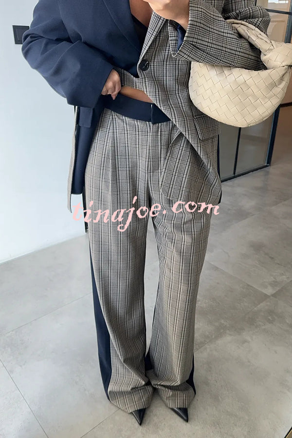 Nayla Plaid Contrast Color Belted Long Sleeve Lapel Blazer and Pocketed Wide Leg Pants Set