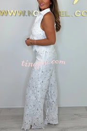 Delighted Embroidery Floral Hollow Lace Shirt-neck Vest and Wide Leg Pants Set