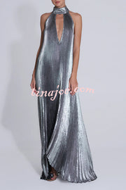 Celebration Party Pleated Metallic Fabric High Deep V-cutout Halter Neck A-line Maxi Dress