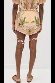 Royalty Unique Print Button Up Short Sleeve Shirt and Elastic Waist Pocketed Loose Shorts Set