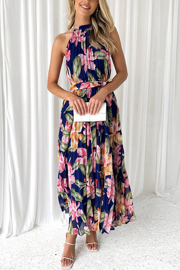 Delicate Floral Print Halterneck Lace Up Pleated Maxi Dress