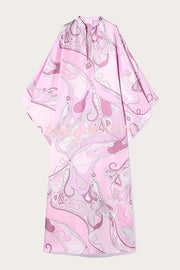 Gayle Satin Unique Print Stand Tie-up Neck Loose Kaftan Maxi Dress
