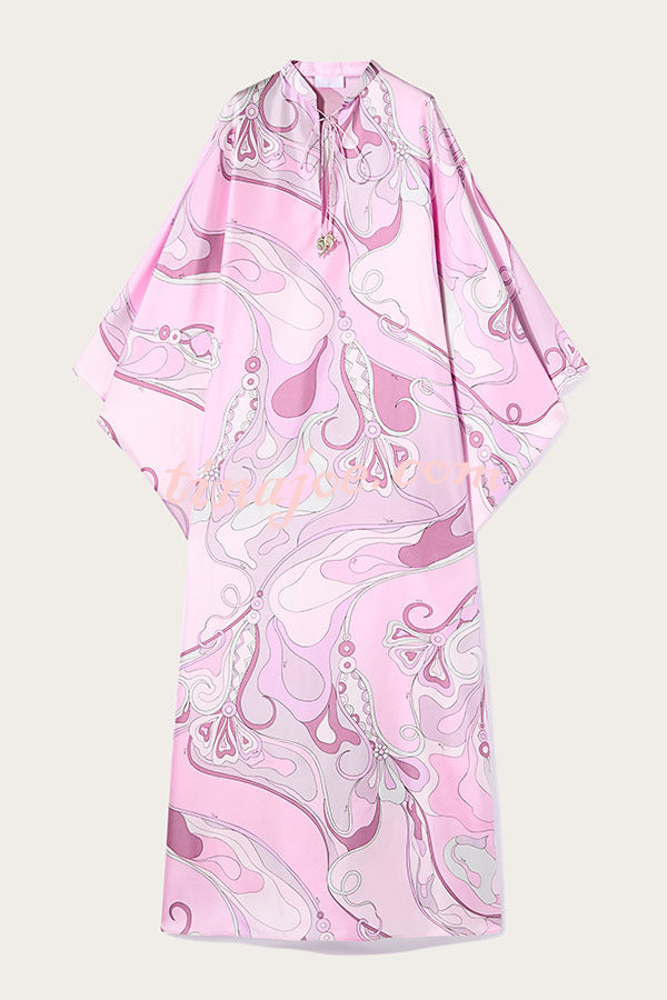 Gayle Satin Unique Print Stand Tie-up Neck Loose Kaftan Maxi Dress