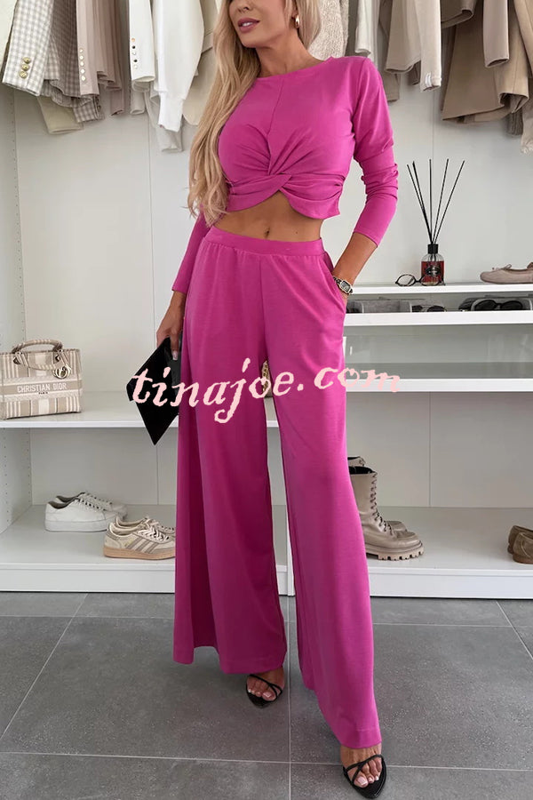 Solid Color Round Neck Long Sleeve Twist Crop Top and Elastic Waist Pocket Wide Leg Pants Set