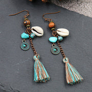 Vintage Wooden Bead Handmade Shell Tassel Earrings