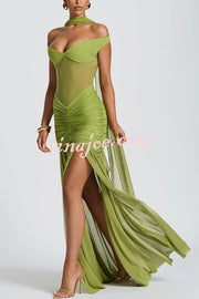Raise The Level Mesh Off Shoulder Ruched Scarf Stretch Maxi Dress