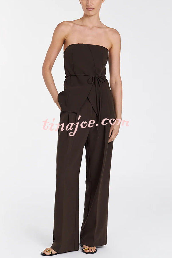 Retro Style Lace-up Tube Top and Casual Pocket Straight Pants Set