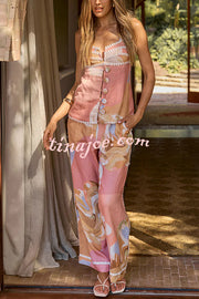 European Summer Linen Blend Ric Rac Trims Unique Print Button Tank