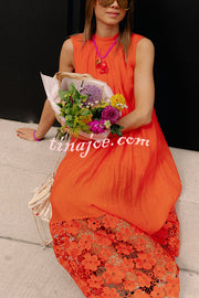 Breezy Comfort Tie-up Neck Sleeveless Floral Lace Hem Maxi Dress