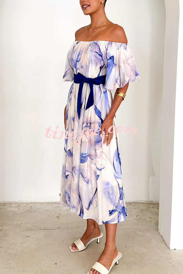 Floral Print Elegant Puff Sleeve Tie-Waist Midi Dress