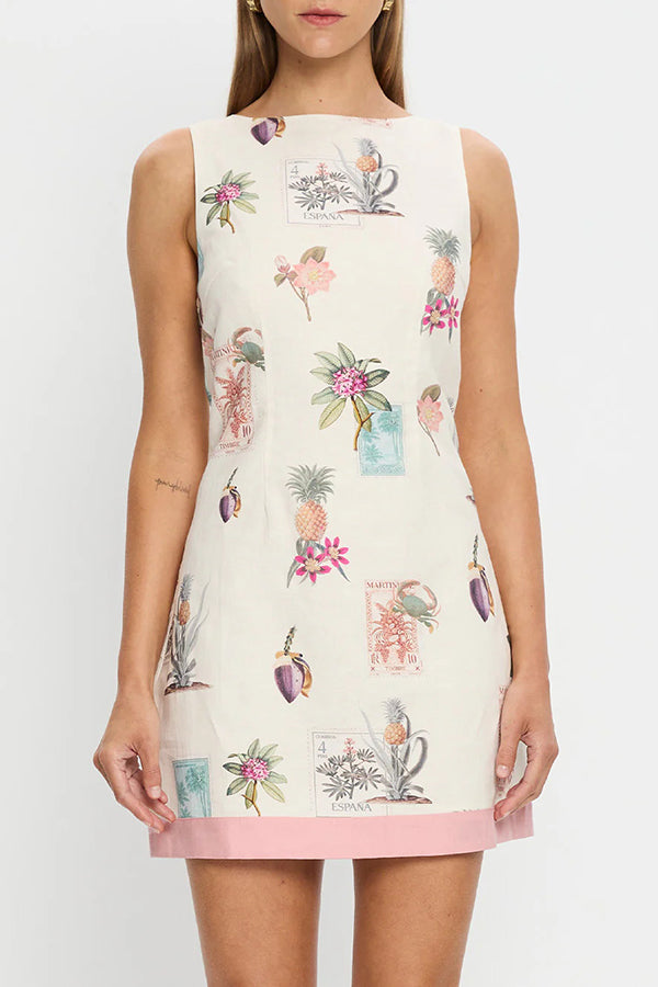 Botanical Print Sleeveless Open Back Casual Mini Dress