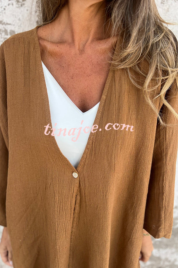 Solid Color V-neck Loose Long-sleeved Button Top