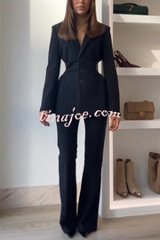 Hipster Boss Solid Color Hollow Side Waist Lapel Long Sleeve Blazer