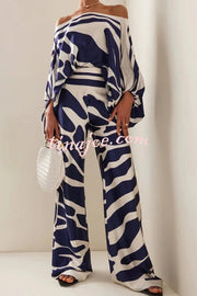 Coco Satin Unique Print Off Shoulder Dolman Sleeve Top and Loose Wide Leg Pants Set