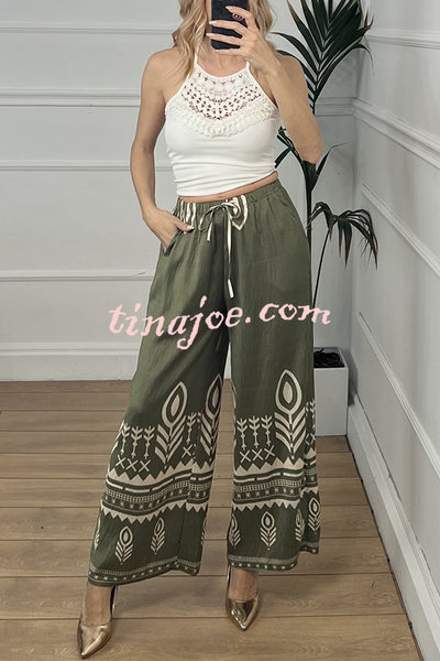 Unique Print Elastic Waist Casual Pocket Wide Leg Pants