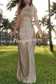 Genis Hollow Elastic Bust High Neck Sleeveless Gathered Maxi Dress